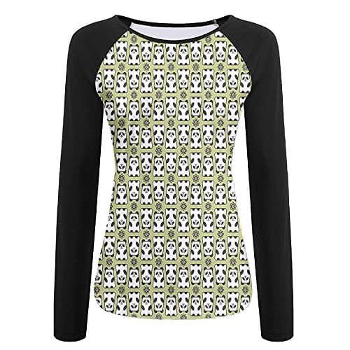 Weiding Geometrical up and Down Panda Pattern Daisy Flowers Cute Funny Bears Women's Stretchy Long Sleeve Raglan Tshirt M
