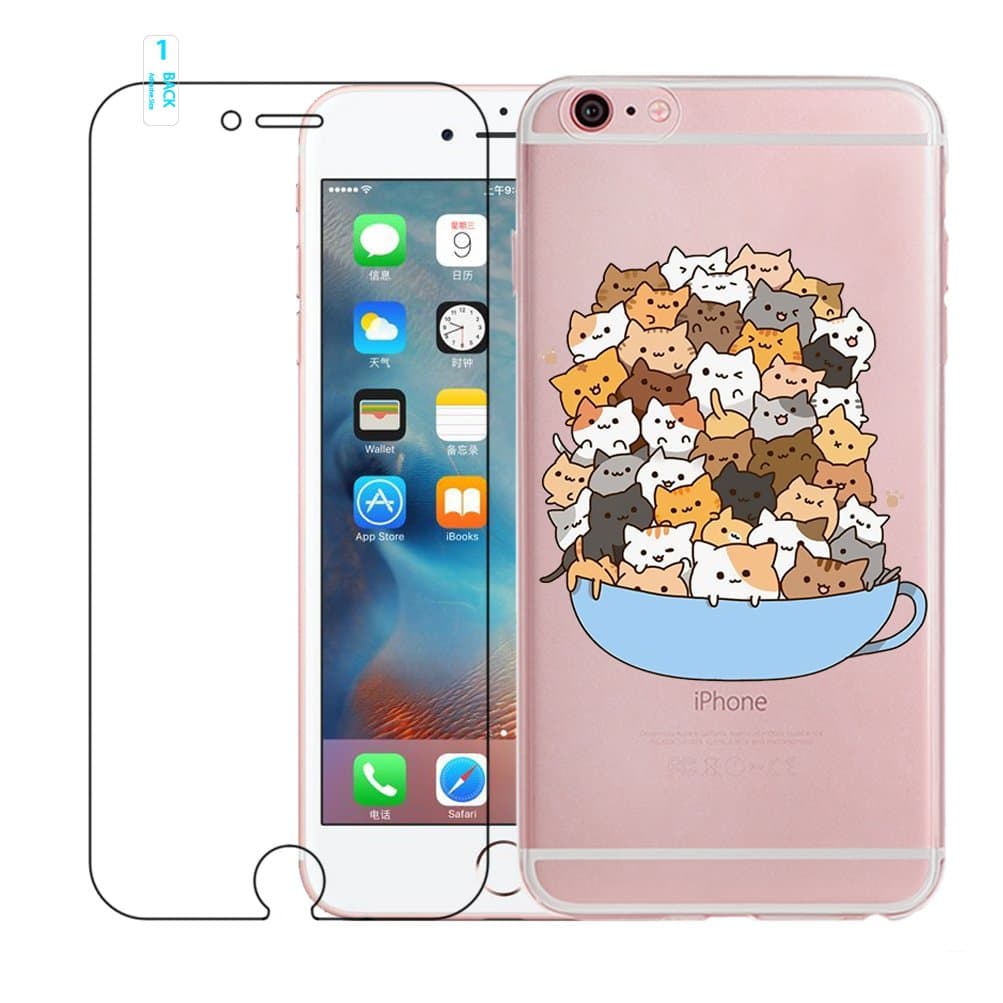 blossom01 iPhone 6 Case, iPhone 6S Case with Tempered Glass Screen Protector, Crystal Clear Soft Silicone Gel TPU Case Cute Cartoon Scratch Resistant Protective Cover for iPhone 6 / 6S - Cat