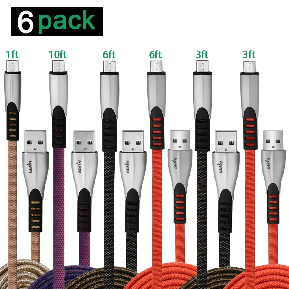 Micro USB Cable,Long Advanced Nylon Braided Micro USB Kindle Fire PS4 Controller Bulk Android Charging Charger Cable Power Cord (1/3/3/6/6/10FT) 6 Pack for Samsung J7 S7 Xbox Nexus Tablet, Bbfly