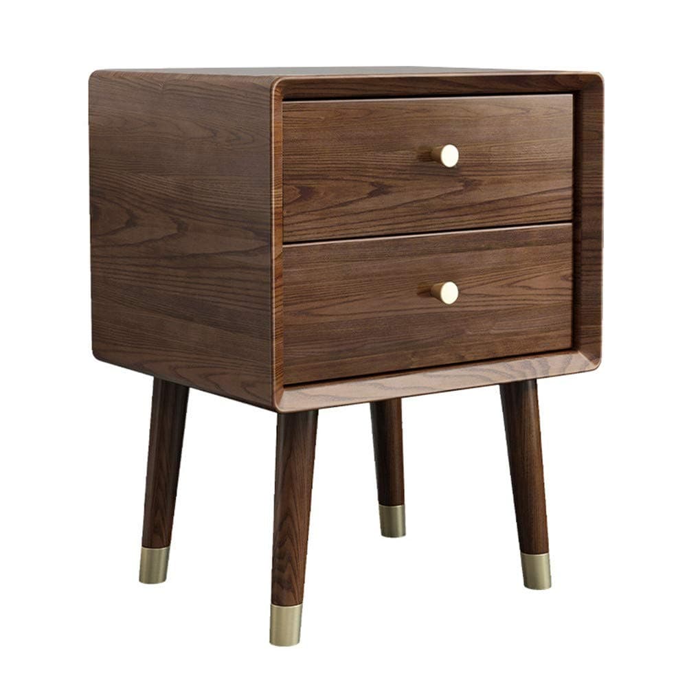 CXJC Bedside Table Nordic Mid Century Modern Solid Nightstand End Table With Brass Leg 2 Drawer For Living Room Bedroom Sofa 50 * 40 * 35CM A