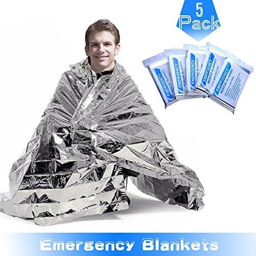 RISEN Emergency Blankets(5-Pack) with Waterproof Silver Mylar and up to 90% Heat Retention Thermal Blankets for First Aid Kit,Outdoors Survival,Camping,Hiking,Sports(51" x 83")