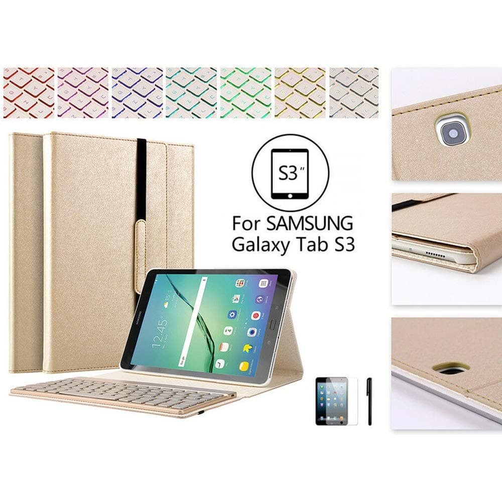 Keyboard Case for Samsung Galaxy Tab S3 9.7", 7 Color Backlight Wireless Bluetooth Keyboard Smart Case (Gold)