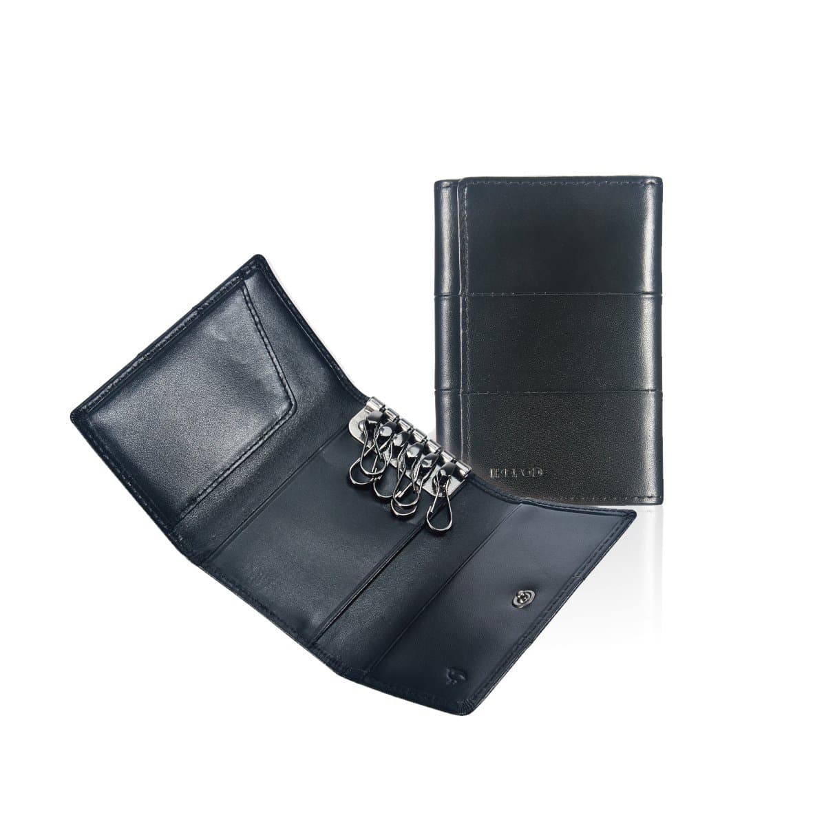 Ikepod Tri-fold Key Wallet/Holder [Full-grain Leather] 6 Hooks & 2 Card Slot - Black