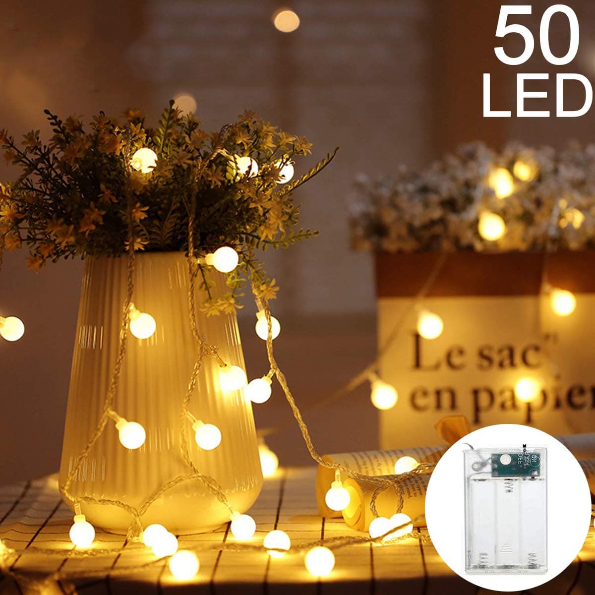5M 50LED Globe String Lights Battery Operated, Portable, Twinkle Light, Christmas Holiday Party Decoration Decorative Fairy Lights for Indoor Outdoor Bedroom Patio Garden, Warm White