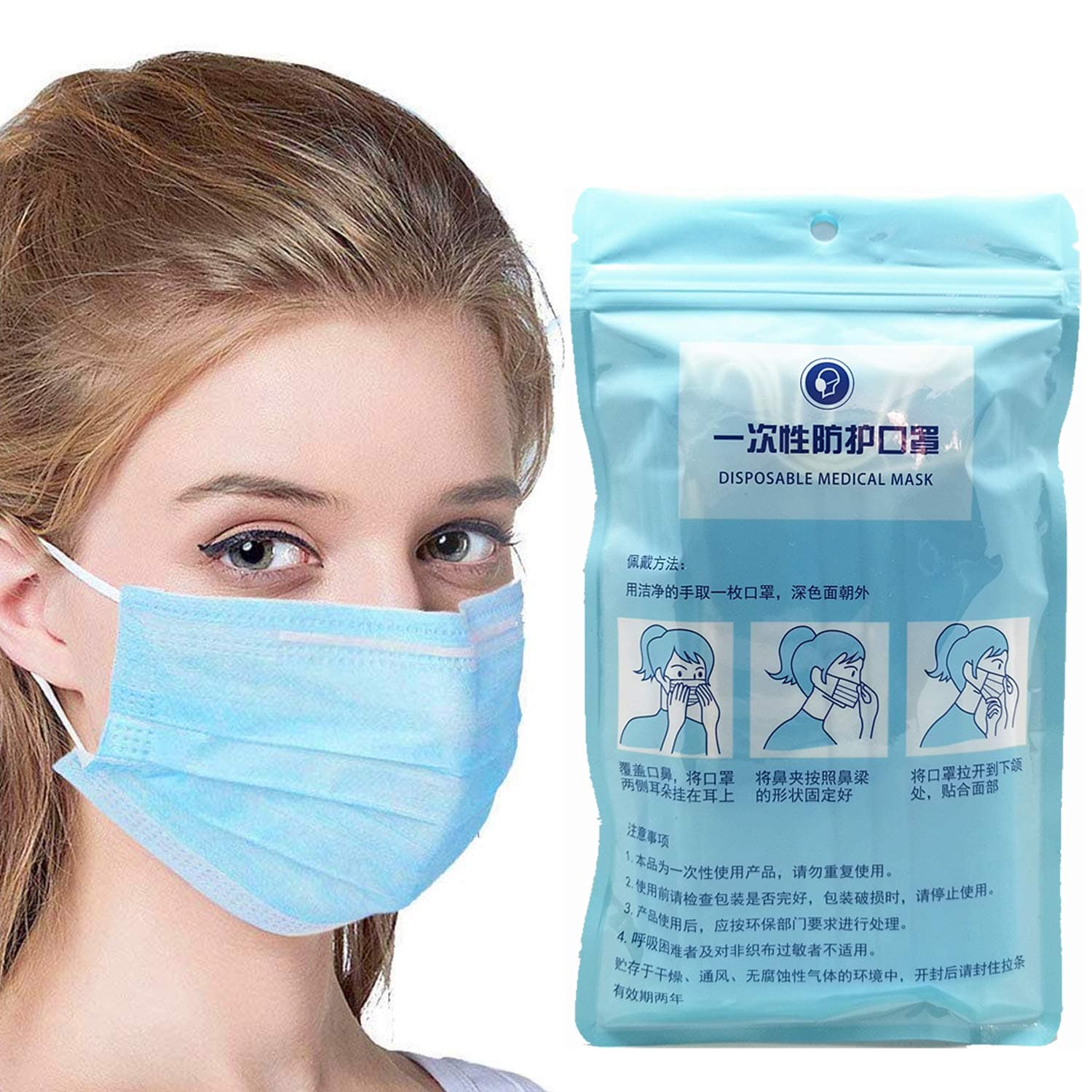 10Pcs Disposable Face Masks - Disposable Protective Mask Dust Breathable Earloop Face Mask Comfortable Mouth Mask Thick 3-Layer Masks (Blue)