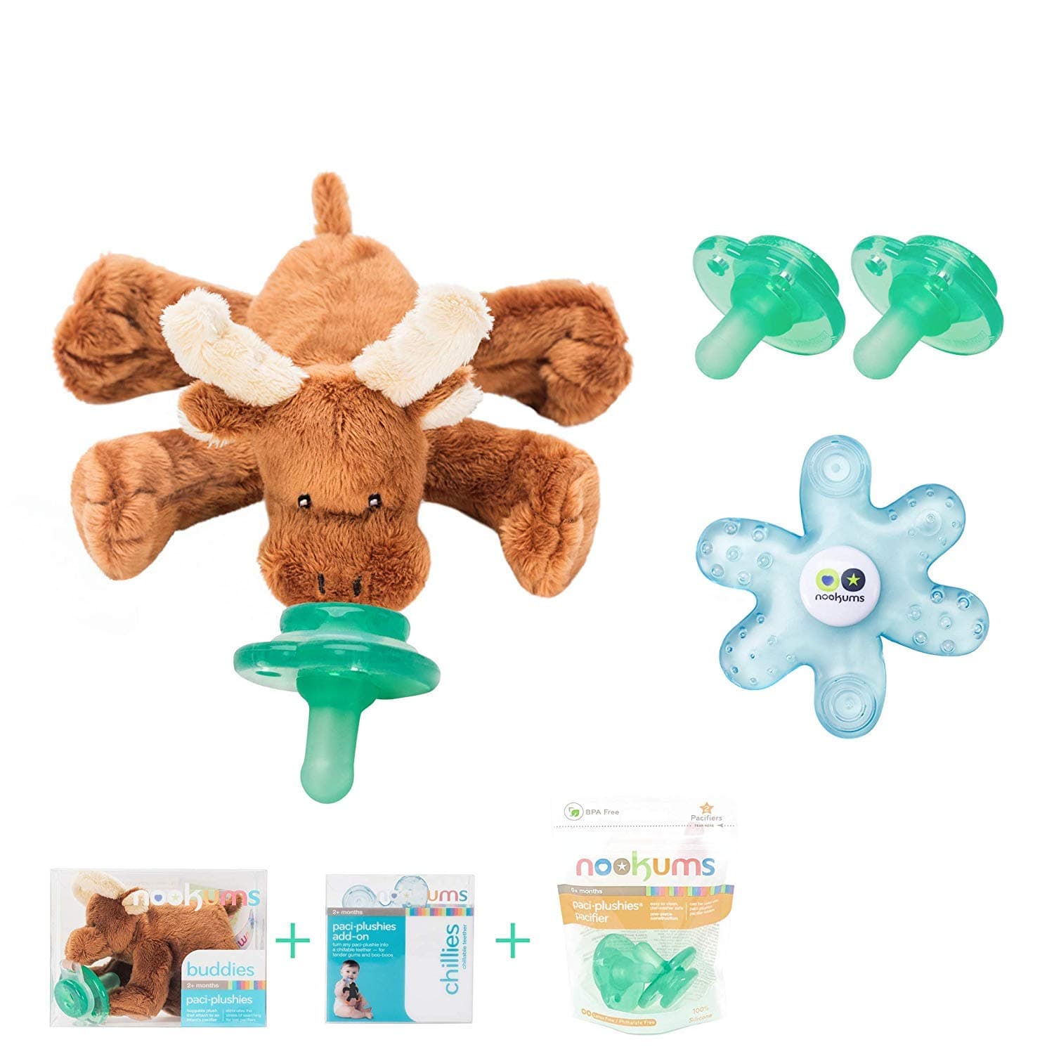 Nookums Paci-Plushies Baby Gift Set - Pacifier Holder, Teether and Replacement Pacifier 2 Pack (Plush Toy Includes Detachable Pacifier, Use with Multiple Brand Name Pacifiers) (Moose)…
