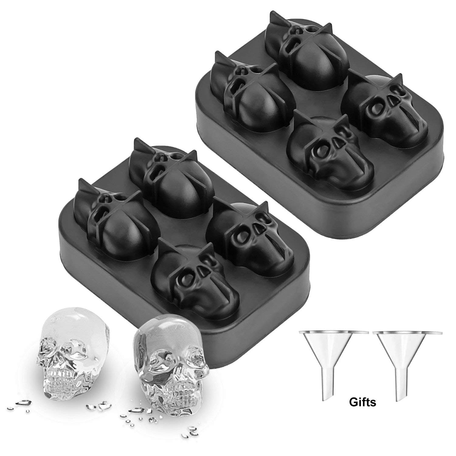 3D Skull Ice Cube Mold 4 in 1, Flexible Silicone Ice Cubes Maker Tray for Halloween and Christmas Party, Best for Whiskey and Cocktails, Reusable and Easy Release (Pack of 2)