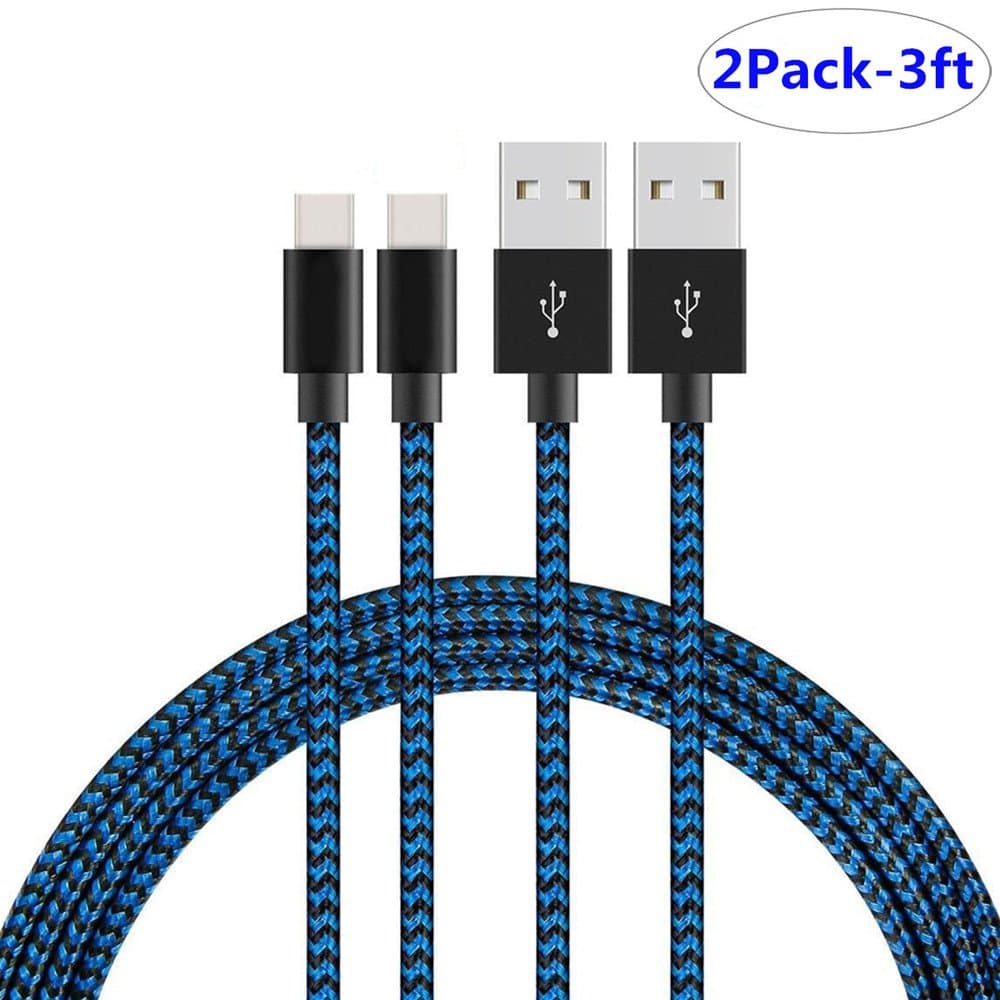 USB Type C Cable,THRRLY 2-Pack Braided USB A to USB C Long Cord Fast Charging Cable Compatible with Samsung Galaxy S10 S9 S8 Plus S10E Note 9 Note 8,LG Stylo 5,Stylo 4 and More.(Blue-Black 3ft)