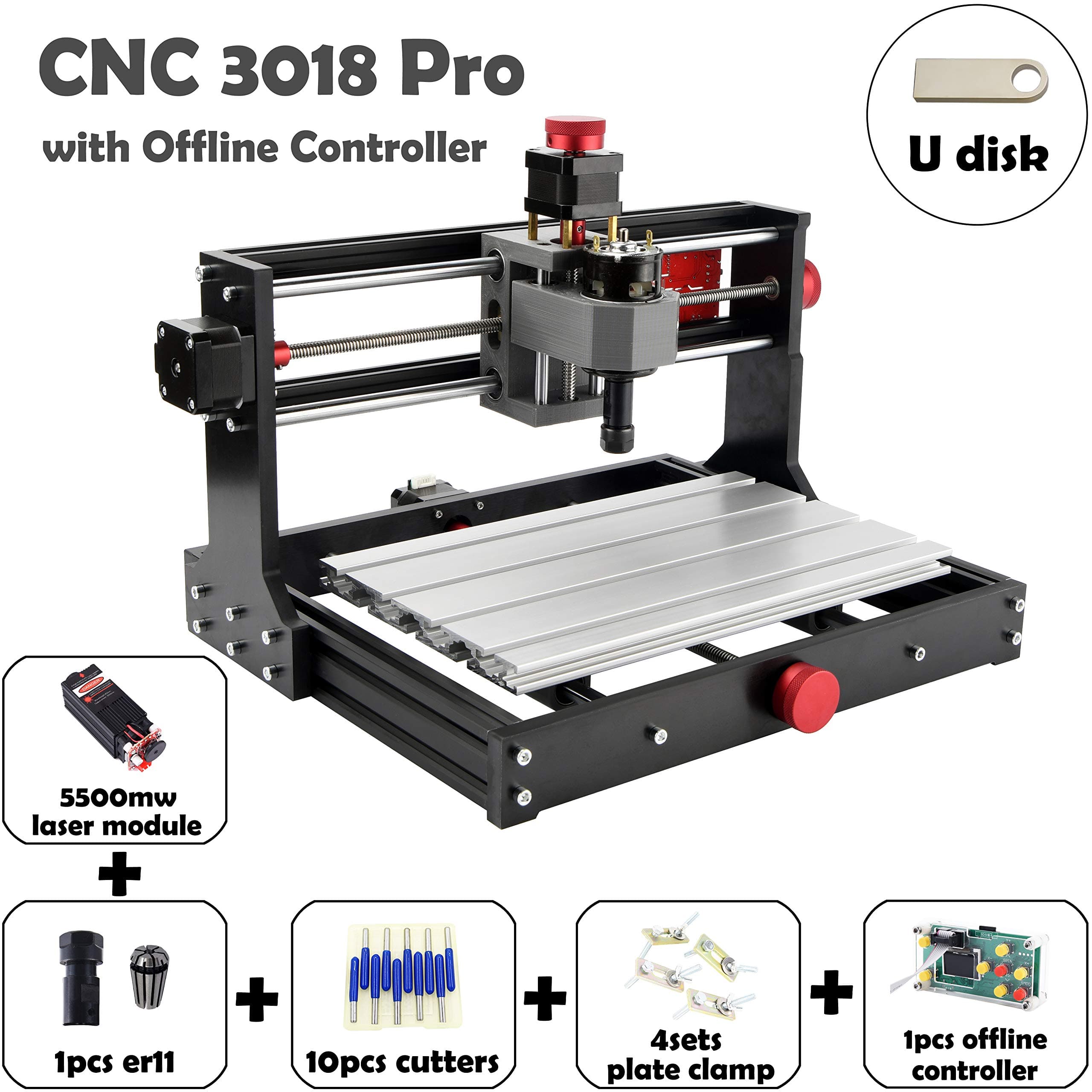 Mostics CNC 3018 Pro with 5.5W laser module CNC Laser engraver CNC carving machine PCB PVC Wood router Milling machine CNC Laser engraving machine XYZ:300x180x45 (CNC 3018 Pro, with 5.5W laser module)
