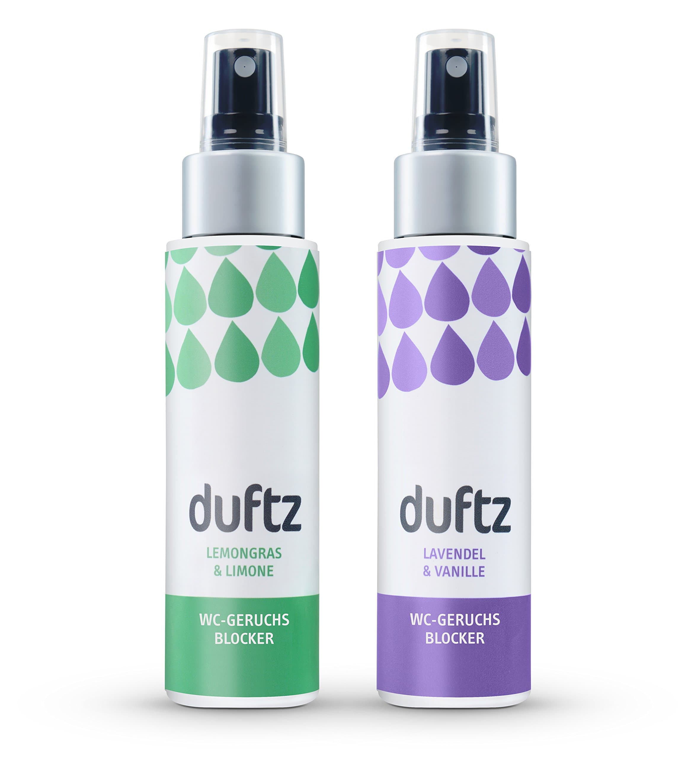 duftz® Bundle 2 varieties WC odour blocker when using the toilet, at least 200 applications, 2x 75ml toilet fragrance for on the move, toilet, bathroom, guest WC