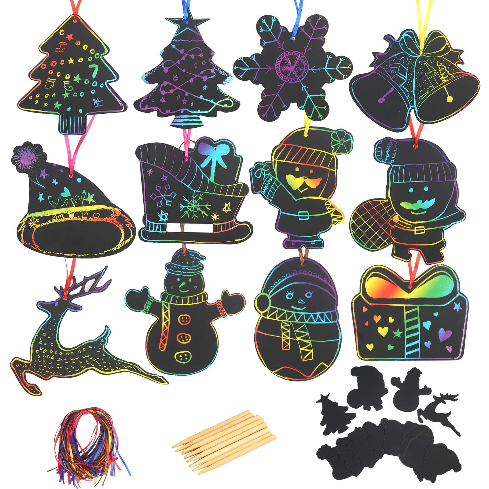 KATOOM Christmas Scratch Paper, 48pcs Magic Scratch Art Notes Paper with 12pcs Wooden Styluses and 48pcs Color Ribbons for Christmas Theme Kids Party Supplies DIY Crafts Decorations