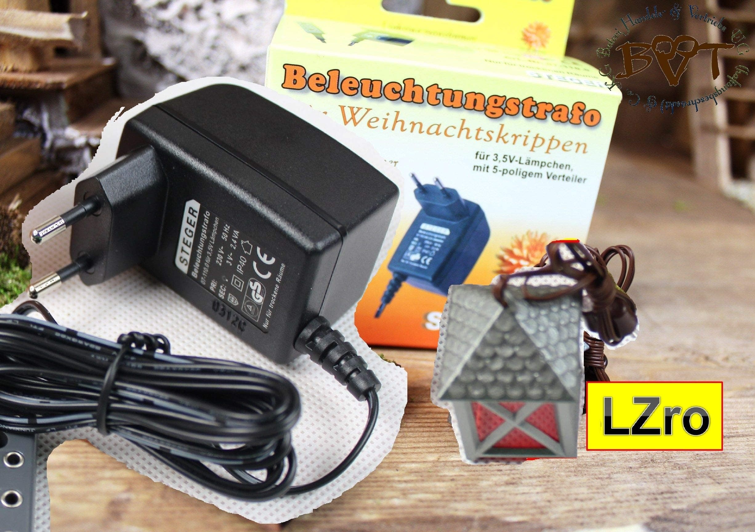 Crib Lighting Set for Large Nativity Scene Complete with large Silver Zinnlaterne (historical) decorative pewter tin 50 MM 5 CM Red Warm Light for Schindeloptik historically for Cribs and Models / Lighting with Transformer TLZ50ro Silver Zinnlaterne (historical) decorative pewter tin Red Cable / 5–Plug Connector (Distributor Lantern)/Lantern TLZ50ro Accessories for Nativity Scene Lighting Red