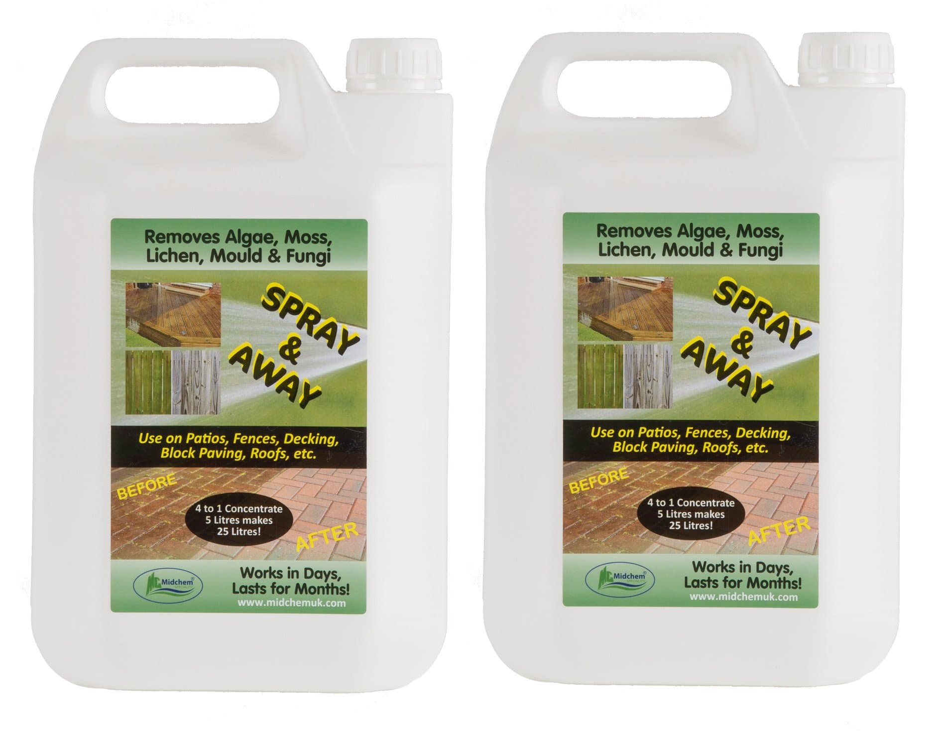 Midchem Speciality 2 x 5 L Mould Mildew Algae & Moss Killer Patio-Fencing-Driveway Path & Decking Cleaner
