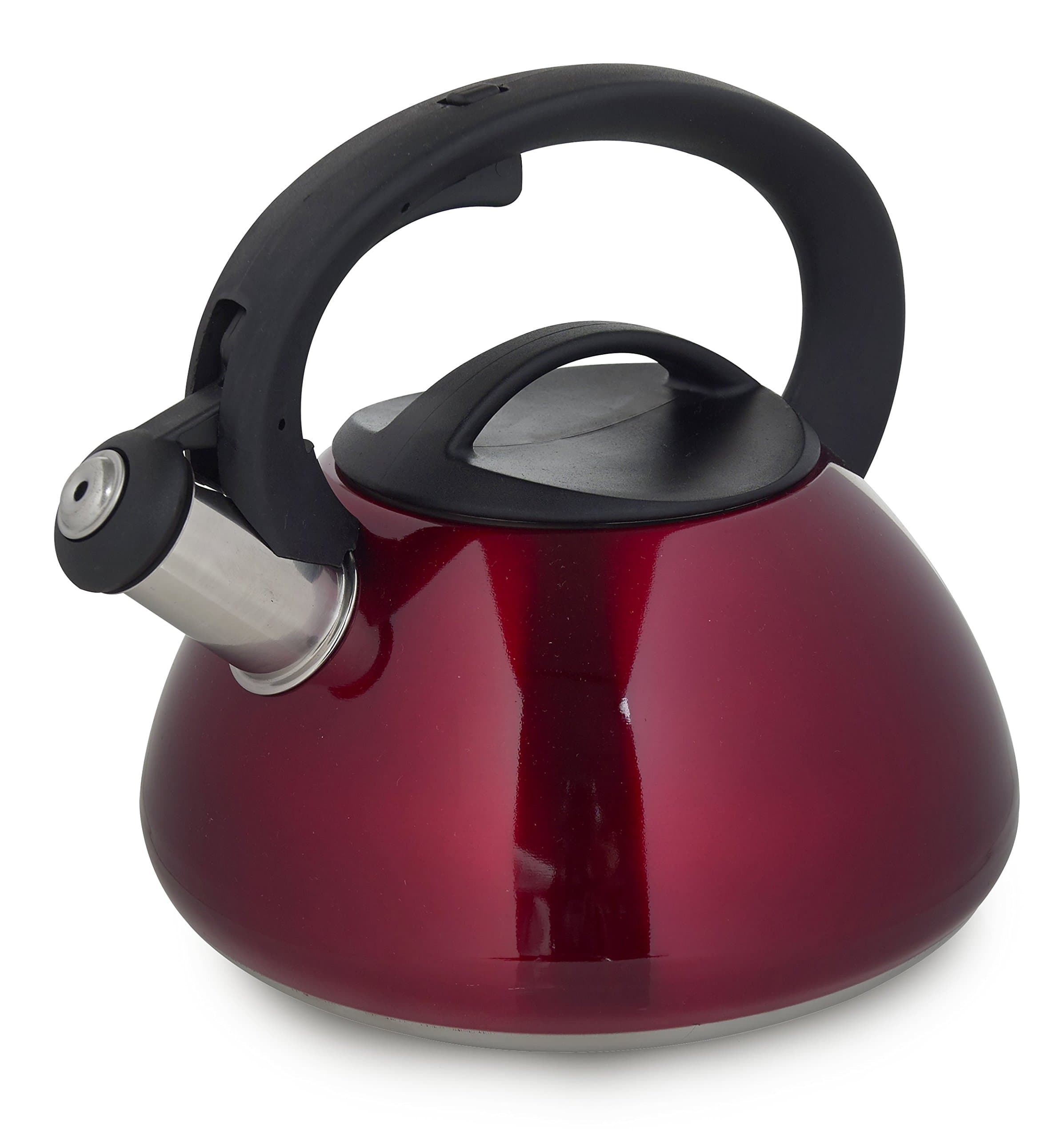 Cook Prep Eat 2-1/2 quart Stainless Steel Metallic Tea Whistling Kettle with Induction Bottom Locking Spout Trigger, Large, Red