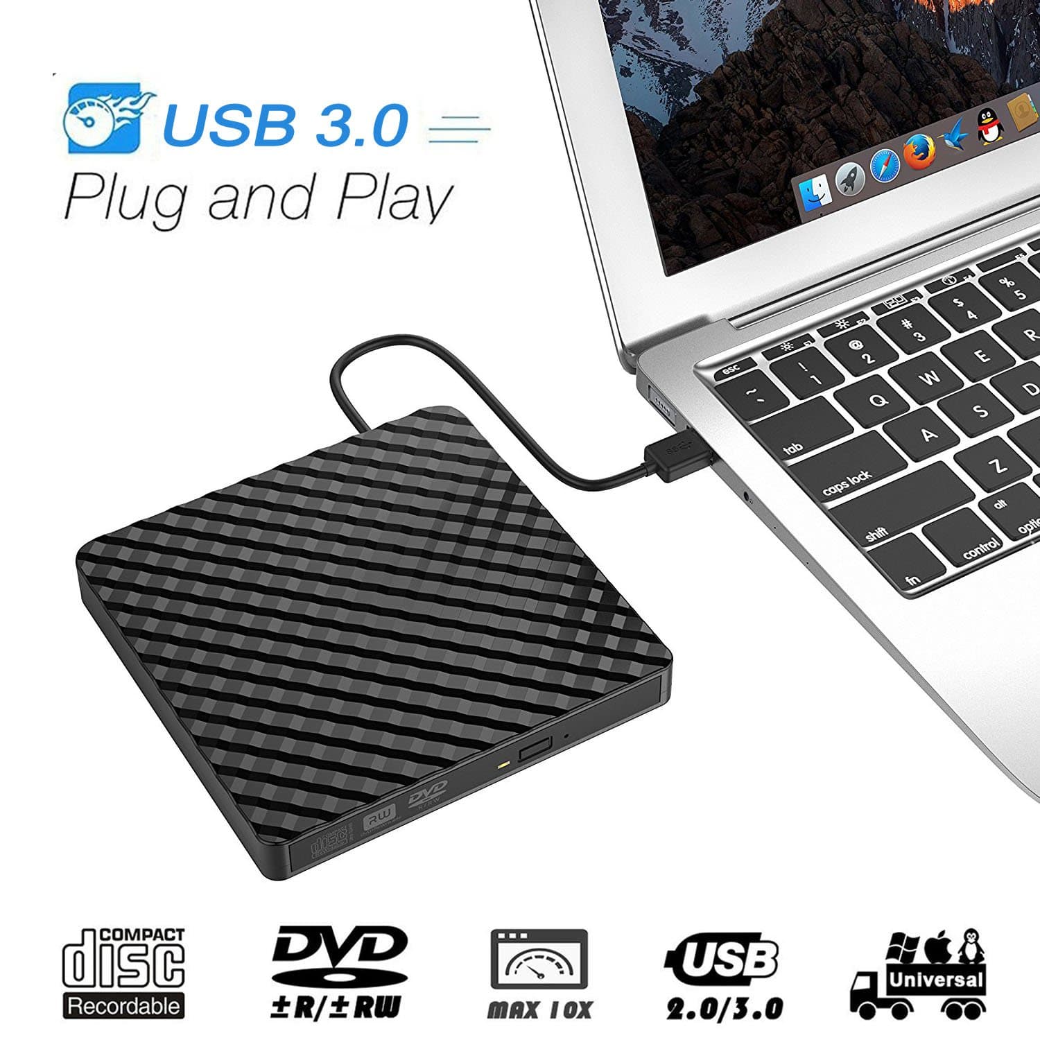 Ploveyy External DVD Drive CD Drive, USB 3.0 CD Player for Laptop DVD Burner & RW Writer for Laptop, Desktop & MacBook, Mac OS and Windows 7/8/10 (Black)