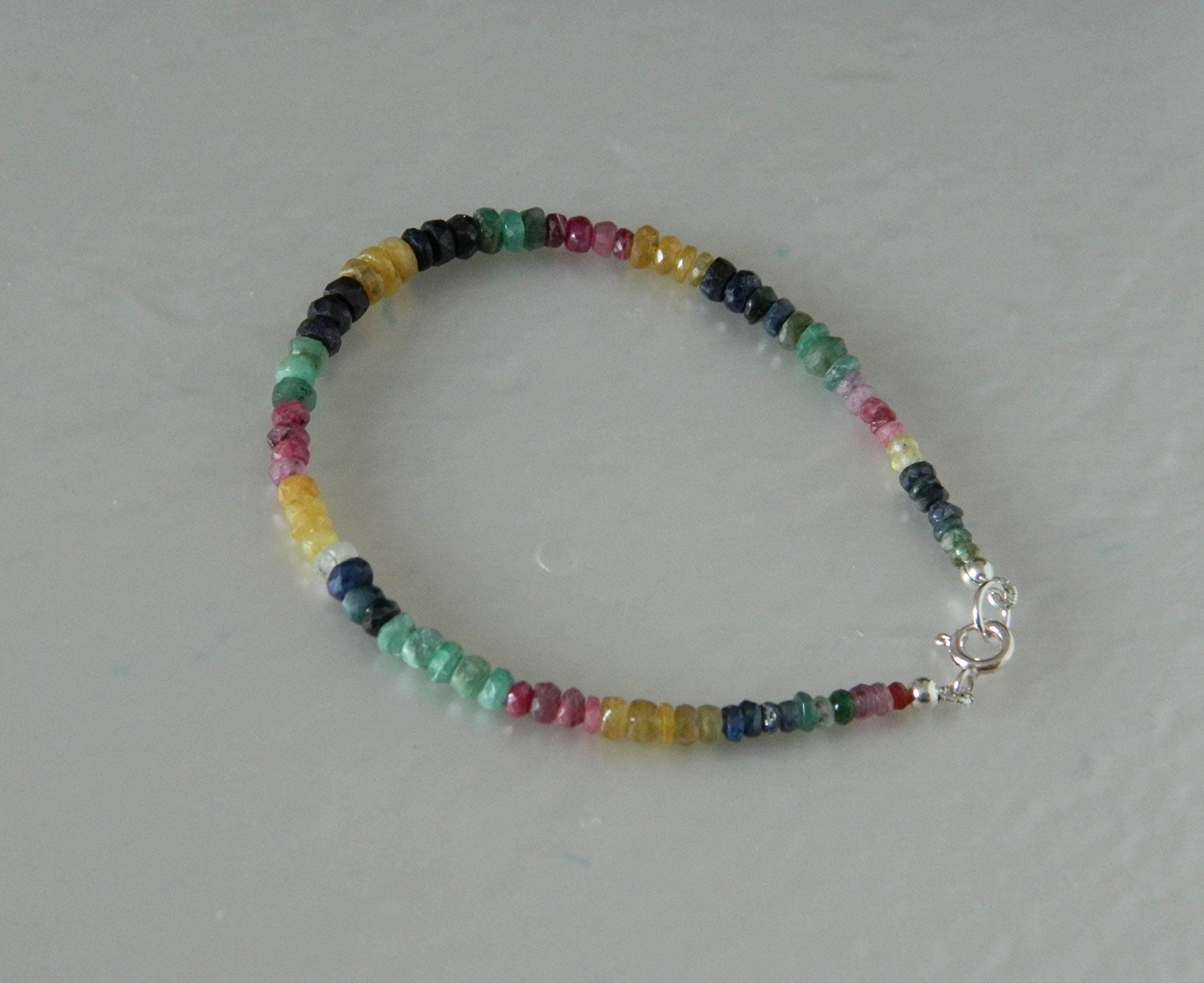 Sterling Silver Natural Sapphire Emerald Ruby Gemstone Bead Bracelet