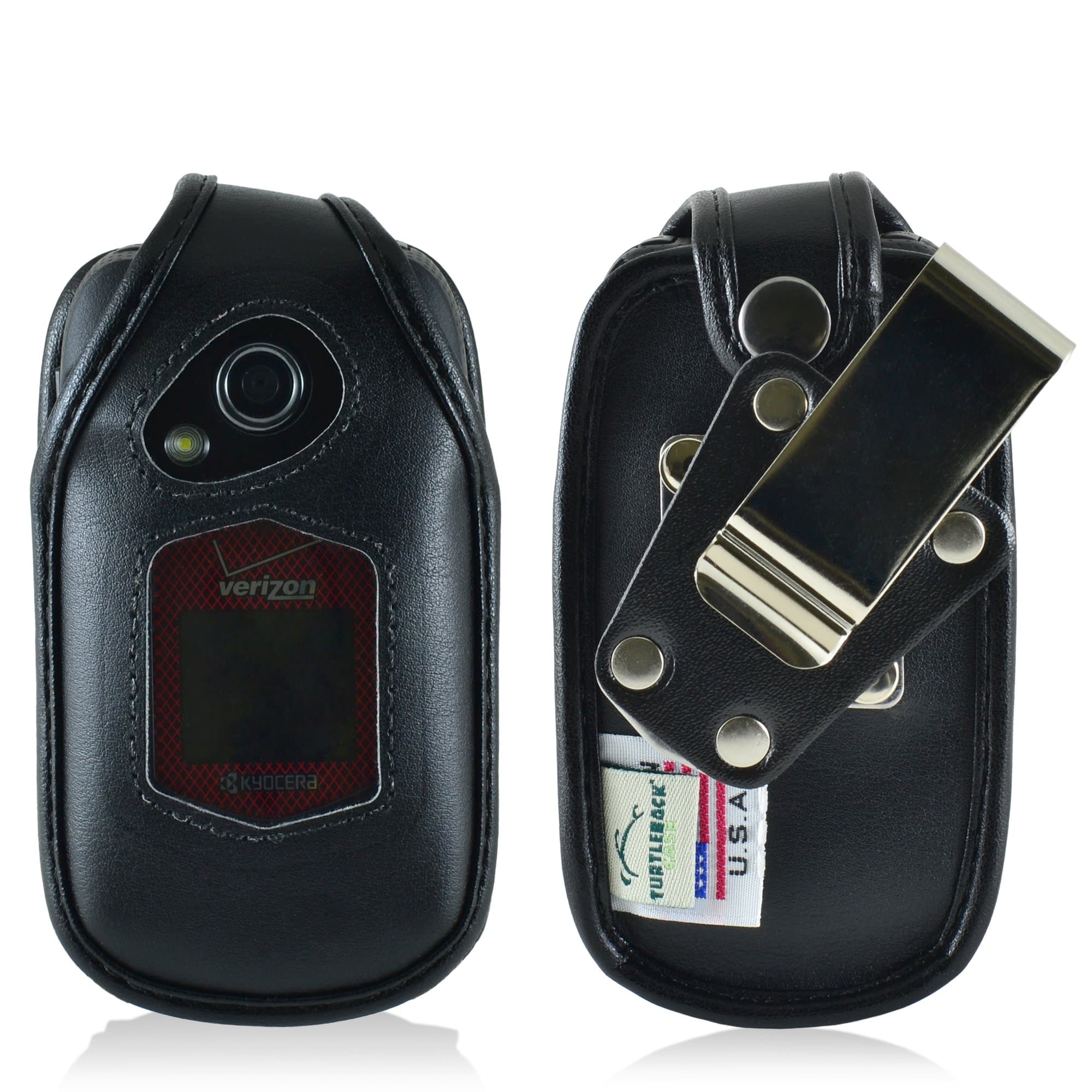 Turtleback Fitted Case Made for Kyocera DuraXV Plus Flip Phone Black Leather Rotating Removable Metal Belt Clip -