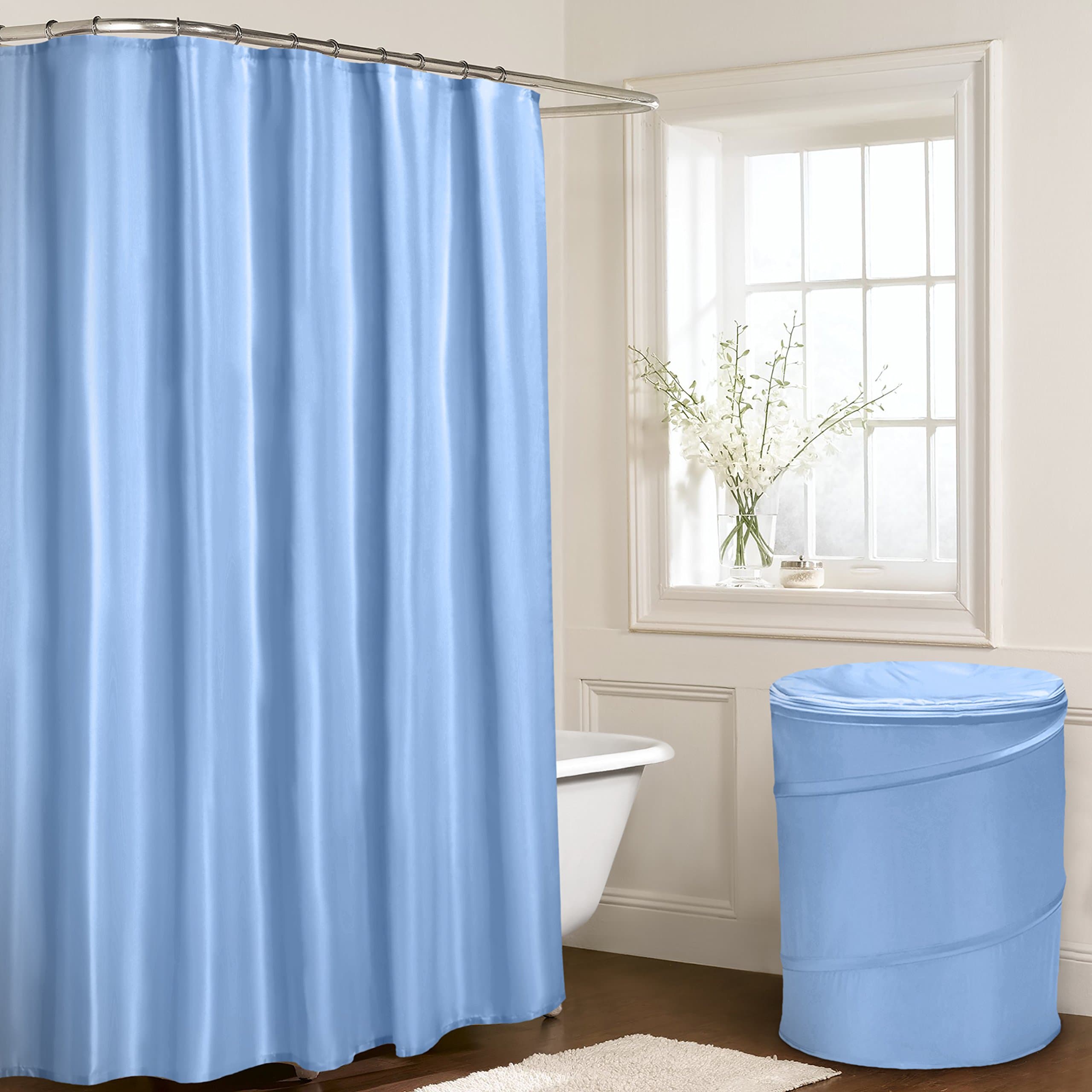 Waterproof Plain Bath Shower Curtain with Eyelets and Plastic Hooks - Blue