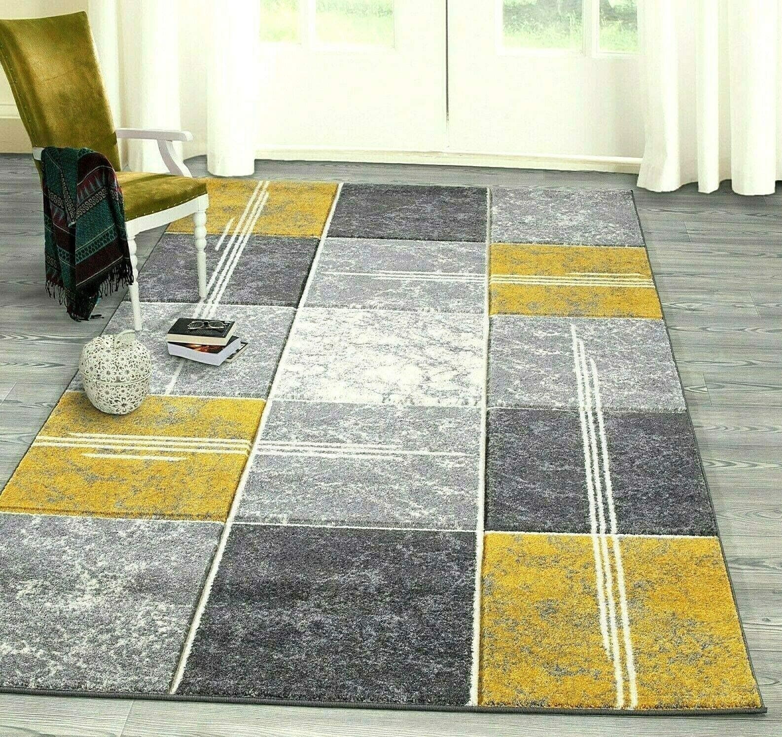 Small Large Mustard Ochre Silver Grey Modern Soft Thick Squares Blocks Design Carved Rugs Long Hall Runner Mats (6 (160x230cm)