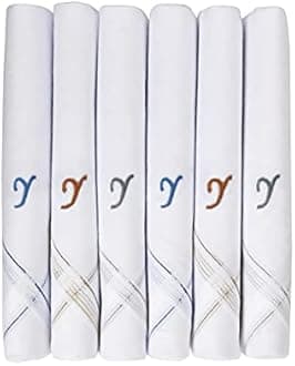 Caruso Italy Men's Personalized Initial Monogram Handkerchief (A-Z) Embroidered 100% Pure Cotton Pocket Square, Elegant Soft and Absorbent for Everyday Use or Gift, White, 46 x 46 cm, pack of 6