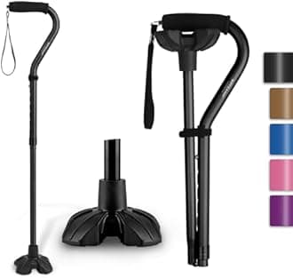 GPTCAMP G1 Walking Stick, Walking Cane for Women & Men with Wrist Strap, Lightweight & Sturdy Offset EVA Handle, Large Quad Base, Self Standing for Seniors and People with Injuries & Recovery