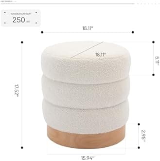 COLAMY Sherpa Ottoman Footstool, Tufted Modern Foot Rest Stool with Wood Base for Living Room, Bedroom, Desk, Round Versatile Side End Table, Pouf, Makeup Seat, Cream