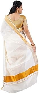 Women's Kasavu Cotton Saree With Blouse Piece (RST8_Beige, White)