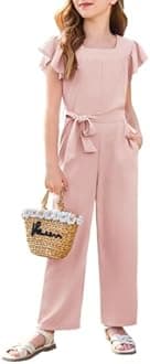 Haloumoning Girls Jumpsuit Kids Fashion Square Neck Ruffle Sleeve Belted Wide Leg Romper with Pockets