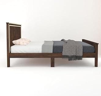 Wooden Queen Size Bed Without Storage | Double Bed Cot Bed with Traditional Brass Work for Bedroom & Hotel | Platform Bed/Palang, Sheesham Wood, Walnut Finish, Recommended Mattress Size:78 X 60