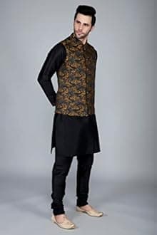 Ethluxis® Men's Silk Blend Kurta Churidar Pyjama with Ethnic Bundi Jacket Set