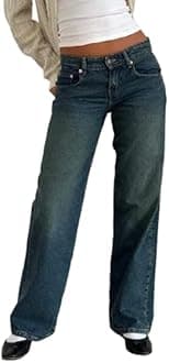 EMMIOL Mid-Low Rise Baggy Jeans for Women, Straight Leg Vintage Boyfriend Jeans with Distressed Details Blue