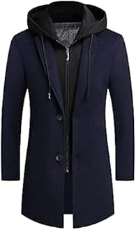 PRIJOUHE Men's Wool Coat Hoodie Long Trench Coat Cotton Casual Woollen Overcoat Jacket
