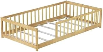 Bellemave Twin Size Floor Bed with slats for Kids, Girls, Boys, Wood Montessori Floor Bed with Guard Rails, Without Door, Natural