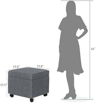 Adeco 17.5" Square Fabric Ottoman with Storage, Upholstered Cotton Linen Foot Rest, Flip Top Footstool, Small Cube Coffee Table Extra Seat for Living Room, Bedroom, Grey with Rolling Legs