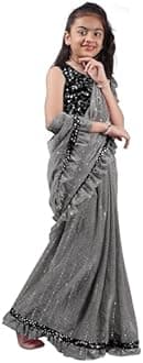 Kids Girls Lycra Blend Saree With Unstitched Sequence Blouse Piece (3-4 yrs to 11-12 yrs) (Grey, 7-8 Years - L)