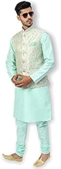 Uri and MacKenzie Men's Silk Blend Regular Kurta Churidar Pyjama with Bundi Nehru Jacket/Waistcoat