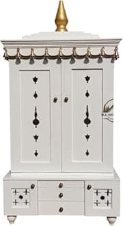 Wooden Temple Mandir White Beautiful Hanging Bells Handcrafted Pooja Ghar Mandir (Design 43)