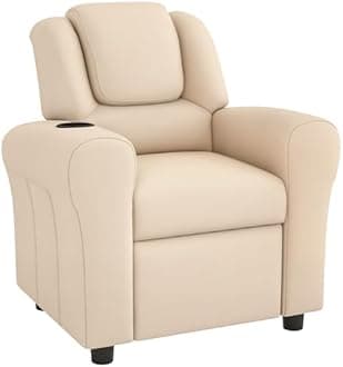 HOMCOM Kids Recliner, PU Leather Kids Armchair, Child Chair, Toddler Armchair with Adjustable Backrest, Footrest, Padded Headrest, Cup Holder, Beige