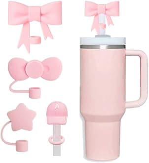 HIUSITY Pink Bow Straw Cover Topper for Stanley Cup,Silicone Straws Toppers for Tumbler with Handle 40oz,Cute 10mm/0.4in Covers Cap,Reusable Lids for Stanleys Cups Accessories, 4Pcs-42