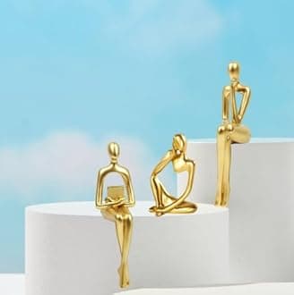 Prettidecor Gold Home Decor Large Thinker Statue Accents, Set of 3 Thinker Sculptures Office Decor Modern Abstract Resin Decoration on Shelf Table Desk for Living Room Office Bedroom