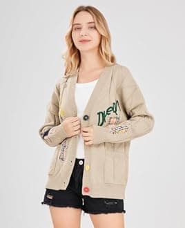 Women's Cable Knit Cardigan, Long Sleeve, Open Front, V-Neck, Button Placket, Embroidered Wool-Blend Sweater Jacket for Outdoor Wear