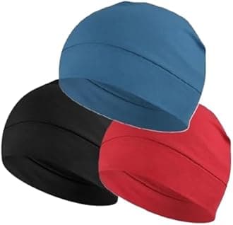 PAROPKAR 3 Pieces Cotton Skull Caps, Lightweight Breathable Skull Beanie Sleep Cap Helmet Liner for Men Women (Black Red Turquoise Blue)