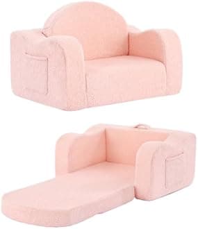Tiita Kids Chair Couch, Folding Toddler Comfy Sofa Chairs, 2-in-1 Kids Plush Sofa Fold Out, Baby Armrest Chair Sofa to Lounger, Convertible Play Sofas for Girl or Boy, Pink