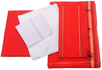 GUGGU Men's 5-Piece Pandit Dhoti Kurta Set, White color | Unstitched Kurta,Angocha,Vest,Hanky. (Best item for shradh or diwali)(Pitru Paksha) Best package for pandit ji. (Red-Kurta-Dhoti, Cotton)