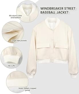 Modegal Women's Spring Varsity Bomber Jackets Long Sleeve Cropped Button Down Casual Coat with Pockets Outwear