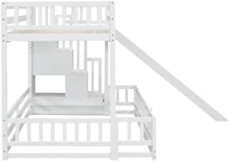 Twin Over Full Bunk Bed with Slide and Storage Staircase, Pine Solid Wood Bunk Bed with Drawers and Safety Guardrails for Kids Teens Adults, No Box Spring Required (White-62J)