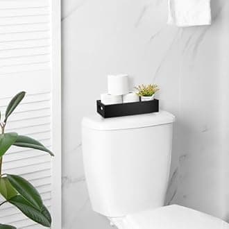 ALELION Black Bathroom Basket - Rustic Wood Toilet Tank Paper Basket with Handle for Organizing - Back of Toilet Storage Organizer for Bathroom Tank Topper Counter - Black Bathroom Decor Box
