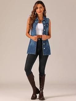 Allegra K Women's Denim Vest Sleeveless Button Down Waistcoat Casual Long Jean Vests