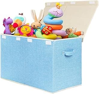 popoly Large Toy Box Chest with Lid, Collapsible Sturdy Toy Bin Storage Organizer Boxes Baskets for Kids, Boys, Girls, Nursery, Playroom, 25"x13" x16" (Linen Blue)