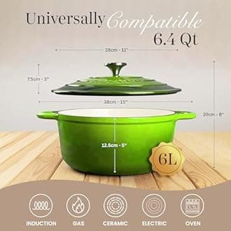 Nuovva Enamelled Cast Iron Dutch Oven Pot with Lid – 6.4 Quart Casserole Dish – Ceramic Dutch Oven for Bread Baking, Roasting, Braising & Stews – Oven Safe up to 500°F – 28cm Green